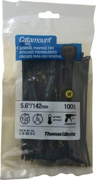 Thomas & Betts - 5.6" Long Black Nylon Standard Cable Tie - 30 Lb Tensile Strength, 1.21mm Thick, 1-1/4" Max Bundle Diam - Industrial Tool & Supply