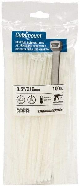 Thomas & Betts - 8-1/2" Long Natural (Color) Nylon Standard Cable Tie - 40 Lb Tensile Strength, 1.13mm Thick, 4" Max Bundle Diam - Industrial Tool & Supply