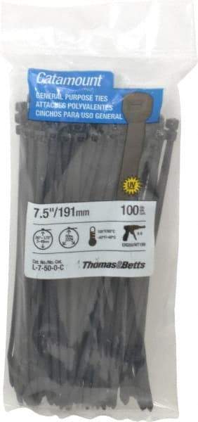 Thomas & Betts - 7-1/2" Long Black Nylon Standard Cable Tie - 50 Lb Tensile Strength, 1.35mm Thick, 5/8" Max Bundle Diam - Industrial Tool & Supply