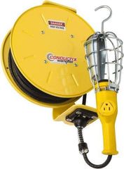 Conductix - 16 AWG, 25' Cable Length, Cord & Cable Reel with Incandescent Hand Lamp End - 1 Outlet, NEMA 5-15R, 10 Amps, 125 Volts, SOOW-A Cable, Yellow Reel, Spring Driven Reel - Industrial Tool & Supply