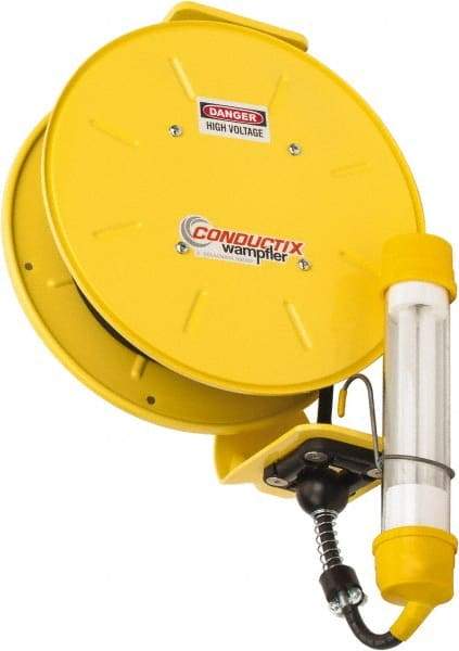 Conductix - 16 AWG, 35' Cable Length, Cord & Cable Reel with Fluorescent Hand Lamp End - 0 Outlets, 10 Amps, SOOW-A Cable, Yellow Reel, Spring Driven Reel - Industrial Tool & Supply