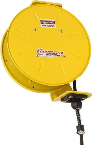 Conductix - 16 AWG, 50' Cable Length, Cord & Cable Reel with Bare End - 3 Outlets, NEMA 5-15R, 10 Amps, 110 Volts, SOOW-A Cable, Yellow Reel, Spring Driven Reel - Industrial Tool & Supply