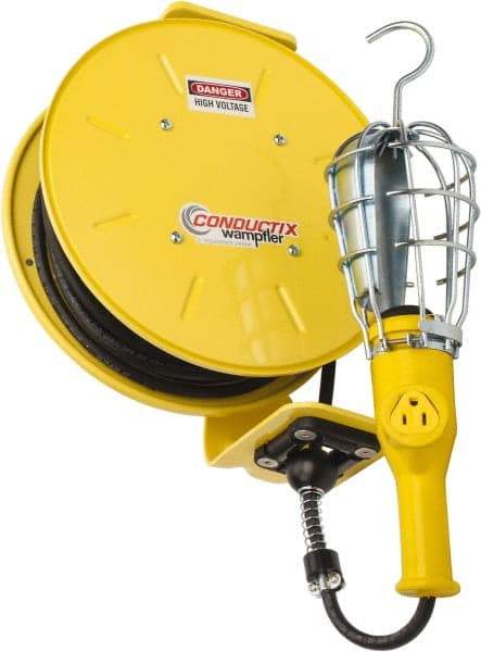 Conductix - 16 AWG, 50' Cable Length, Cord & Cable Reel with Incandescent Hand Lamp End - 1 Outlet, NEMA 5-15R, 10 Amps, 125 Volts, SOOW-A Cable, Yellow Reel, Spring Driven Reel - Industrial Tool & Supply