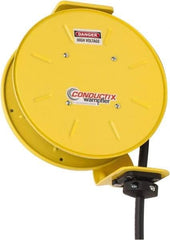 Conductix - 14 AWG, 30' Cable Length, Cord & Cable Reel with Bare End - 3 Outlets, NEMA 5-15R, 15 Amps, SEOW-A Cable, Yellow Reel, Spring Driven Reel - Industrial Tool & Supply