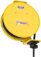 Conductix - 14 AWG, 40' Cable Length, Cord & Cable Reel with Bare End - 3 Outlets, NEMA 5-15R, 15 Amps, SEOW-A Cable, Yellow Reel, Spring Driven Reel - Industrial Tool & Supply