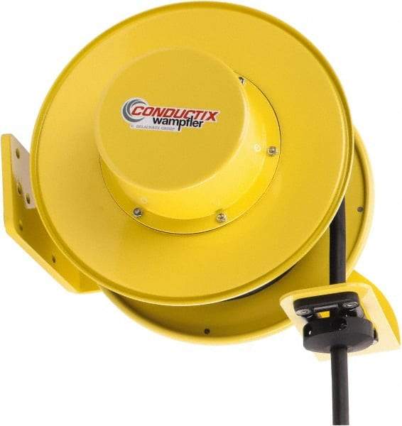 Conductix - 12 AWG, 40' Cable Length, Cord & Cable Reel with Bare End - 3 Outlets, NEMA 5-20R, 20 Amps, SEOW-A Cable, Yellow Reel, Spring Driven Reel - Industrial Tool & Supply