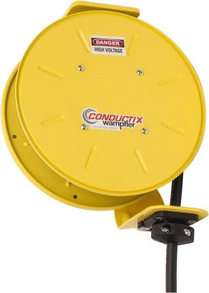 Conductix - 14 AWG, 20' Cable Length, Cord & Cable Reel with Bare End - 4 Outlets, NEMA 5-15R, 12 Amps, SEOW-A Cable, Yellow Reel, Spring Driven Reel - Industrial Tool & Supply