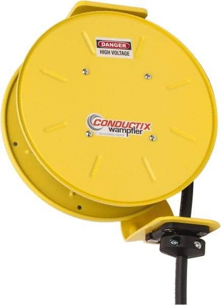 Conductix - 12 AWG, 20' Cable Length, Cord & Cable Reel with Bare End - 4 Outlets, NEMA 5-15R, 16 Amps, SEOW-A Cable, Yellow Reel, Spring Driven Reel - Industrial Tool & Supply