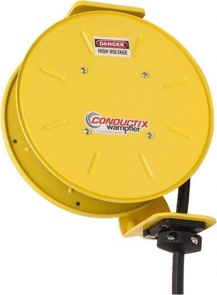 Conductix - 14 AWG, 30' Cable Length, Cord & Cable Reel with Bare End - 4 Outlets, NEMA 5-15R, 12 Amps, SEOW-A Cable, Yellow Reel, Spring Driven Reel - Industrial Tool & Supply