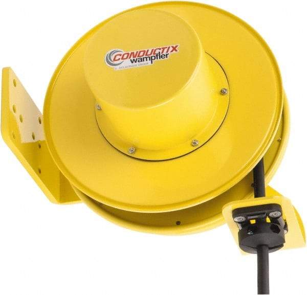 Conductix - 14 AWG, 40' Cable Length, Cord & Cable Reel with Bare End - 4 Outlets, NEMA 5-15R, 12 Amps, SEOW-A Cable, Yellow Reel, Spring Driven Reel - Industrial Tool & Supply