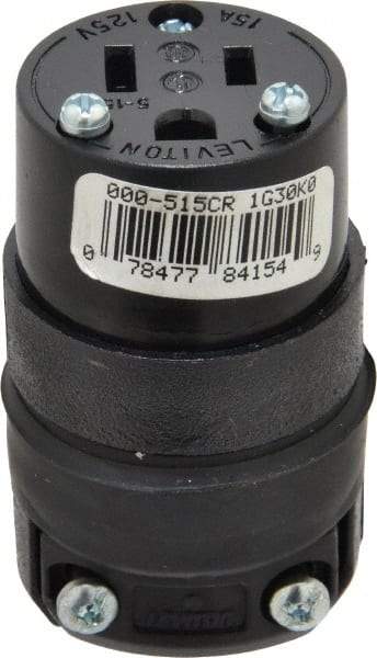 Leviton - 125 VAC, 15 Amp, 5-15R NEMA, Straight, Self Grounding, Residential Grade Connector - 2 Pole, 3 Wire, 1 Phase, Rubber, Black - Industrial Tool & Supply