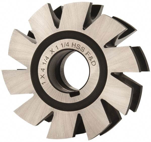 Made in USA - 1/2" Radius, 1" Circle Diam, 4-1/4" Diam x 1.572" Wide Cut, High Speed Steel Concave Radius Cutter - 4-1/4" OAL, Arbor Connection, Uncoated, Form Relieved, 10 Teeth - Industrial Tool & Supply