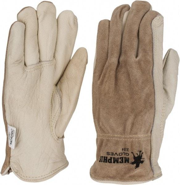 MCR Safety - Size M (8) Split Back/Grain Palm Cowhide General Protection Work Gloves - For Work & Driver, Uncoated, Full Fingered, Cream/Black/Brown, Paired - Industrial Tool & Supply