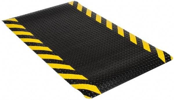 Wearwell - 5' Long x 3' Wide, Dry Environment, Anti-Fatigue Matting - Black with Yellow Chevron Borders, Vinyl with Nitrile Blend Base, Beveled on 4 Sides - Industrial Tool & Supply