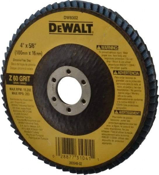 DeWALT - 60 Grit, 4" Disc Diam, 5/8" Center Hole, Type 27 Zirconia Alumina Flap Disc - 15,200 Max RPM, Fiberglass Backing, Arbor Attaching System, Coated - Industrial Tool & Supply