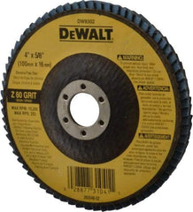 DeWALT - 60 Grit, 4" Disc Diam, 5/8" Center Hole, Type 27 Zirconia Alumina Flap Disc - 15,200 Max RPM, Fiberglass Backing, Arbor Attaching System, Coated - Industrial Tool & Supply
