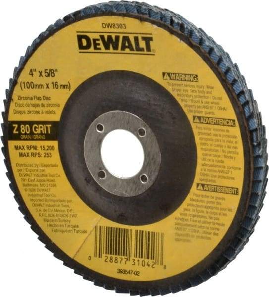 DeWALT - 80 Grit, 4" Disc Diam, 5/8" Center Hole, Type 27 Zirconia Alumina Flap Disc - 15,200 Max RPM, Fiberglass Backing, Arbor Attaching System, Coated - Industrial Tool & Supply