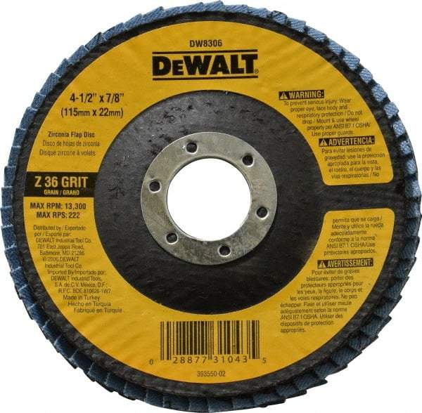 DeWALT - 36 Grit, 4-1/2" Disc Diam, 7/8" Center Hole, Type 29 Zirconia Alumina Flap Disc - 13,300 Max RPM, Fiberglass Backing, Arbor Attaching System, Coated - Industrial Tool & Supply