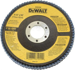DeWALT - 60 Grit, 4-1/2" Disc Diam, 7/8" Center Hole, Type 29 Zirconia Alumina Flap Disc - 13,300 Max RPM, Fiberglass Backing, Arbor Attaching System, Coated - Industrial Tool & Supply
