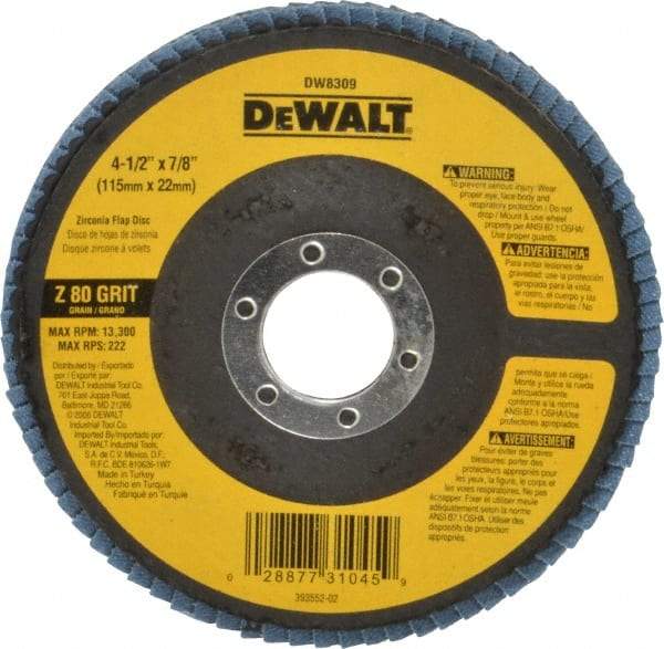 DeWALT - 80 Grit, 4-1/2" Disc Diam, 7/8" Center Hole, Type 29 Zirconia Alumina Flap Disc - 13,300 Max RPM, Fiberglass Backing, Arbor Attaching System, Coated - Industrial Tool & Supply