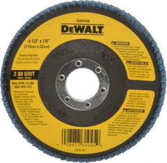 DeWALT - 80 Grit, 4-1/2" Disc Diam, 7/8" Center Hole, Type 29 Zirconia Alumina Flap Disc - 13,300 Max RPM, Fiberglass Backing, Arbor Attaching System, Coated - Industrial Tool & Supply