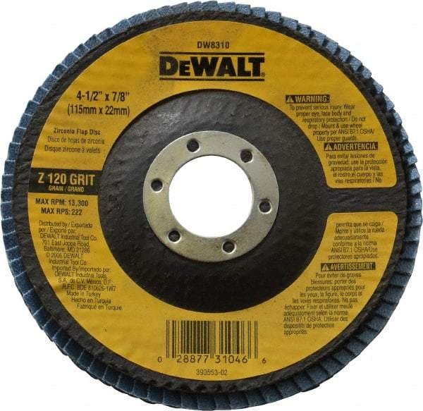 DeWALT - 120 Grit, 4-1/2" Disc Diam, 7/8" Center Hole, Type 29 Zirconia Alumina Flap Disc - 13,300 Max RPM, Fiberglass Backing, Arbor Attaching System, Coated - Industrial Tool & Supply