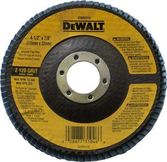 DeWALT - 120 Grit, 4-1/2" Disc Diam, 7/8" Center Hole, Type 29 Zirconia Alumina Flap Disc - 13,300 Max RPM, Fiberglass Backing, Arbor Attaching System, Coated - Industrial Tool & Supply