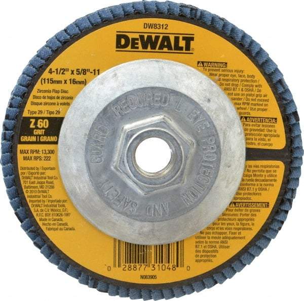 DeWALT - 60 Grit, 4-1/2" Disc Diam, 5/8-11 Center Hole, Type 29 Zirconia Alumina Flap Disc - 13,300 Max RPM, Fiberglass Backing, Arbor Attaching System, Coated - Industrial Tool & Supply