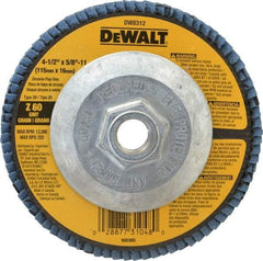 DeWALT - 60 Grit, 4-1/2" Disc Diam, 5/8-11 Center Hole, Type 29 Zirconia Alumina Flap Disc - 13,300 Max RPM, Fiberglass Backing, Arbor Attaching System, Coated - Industrial Tool & Supply