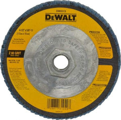DeWALT - 80 Grit, 4-1/2" Disc Diam, 5/8-11 Center Hole, Type 29 Zirconia Alumina Flap Disc - 13,300 Max RPM, Fiberglass Backing, Arbor Attaching System, Coated - Industrial Tool & Supply