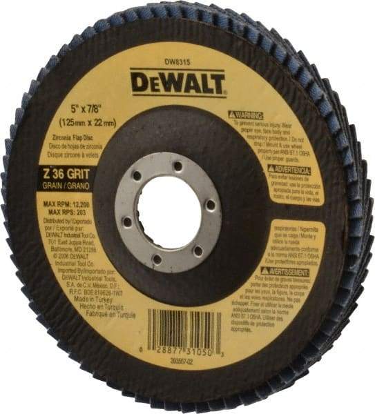 DeWALT - 40 Grit, 5" Disc Diam, 7/8" Center Hole, Type 29 Zirconia Alumina Flap Disc - 12,200 Max RPM, Fiberglass Backing, Arbor Attaching System, Coated - Industrial Tool & Supply