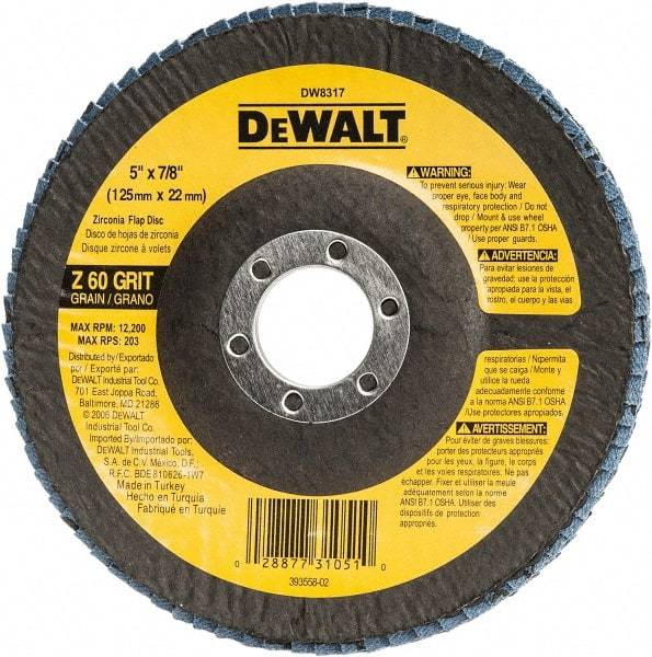 DeWALT - 60 Grit, 5" Disc Diam, 7/8" Center Hole, Type 29 Zirconia Alumina Flap Disc - 12,200 Max RPM, Fiberglass Backing, Arbor Attaching System, Coated - Industrial Tool & Supply