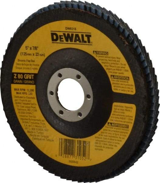 DeWALT - 80 Grit, 5" Disc Diam, 7/8" Center Hole, Type 29 Zirconia Alumina Flap Disc - 12,200 Max RPM, Fiberglass Backing, Arbor Attaching System, Coated - Industrial Tool & Supply