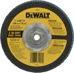 DeWALT - 36 Grit, 7" Disc Diam, 5/8-11 Center Hole, Type 29 Zirconia Alumina Flap Disc - 8,700 Max RPM, Fiberglass Backing, Arbor Attaching System, Coated - Industrial Tool & Supply