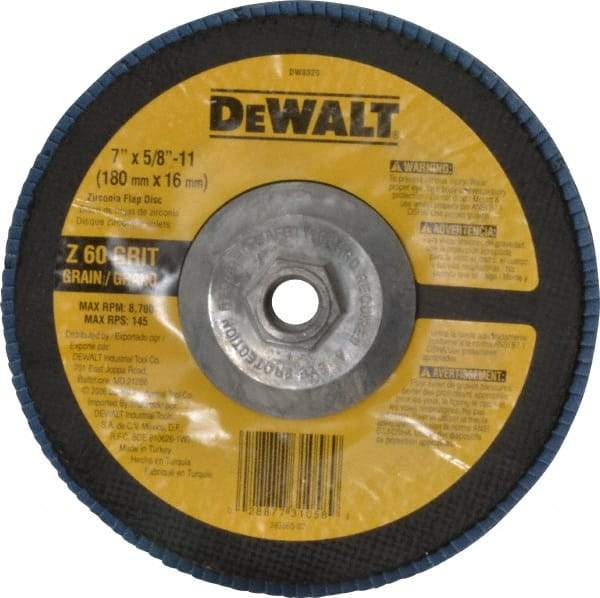 DeWALT - 60 Grit, 7" Disc Diam, 5/8-11 Center Hole, Type 29 Zirconia Alumina Flap Disc - 8,700 Max RPM, Fiberglass Backing, Arbor Attaching System, Coated - Industrial Tool & Supply