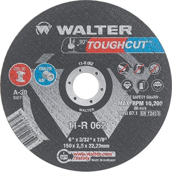 WALTER Surface Technologies - 6" 30 Grit Aluminum Oxide Cutoff Wheel - 3/32" Thick, 7/8" Arbor, 10,200 Max RPM, Use with Angle Grinders - Industrial Tool & Supply