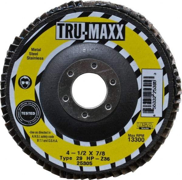 Tru-Maxx - 36 Grit, 4-1/2" Disc Diam, 7/8" Center Hole, Type 29 Zirconia Alumina Flap Disc - 13,300 Max RPM, Arbor Attaching System, Coated - Industrial Tool & Supply