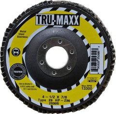 Tru-Maxx - 36 Grit, 4-1/2" Disc Diam, 7/8" Center Hole, Type 29 Zirconia Alumina Flap Disc - 13,300 Max RPM, Arbor Attaching System, Coated - Industrial Tool & Supply