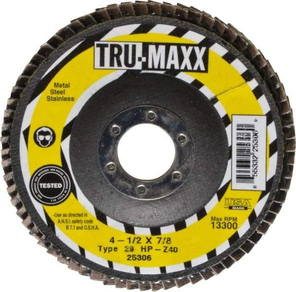 Tru-Maxx - 40 Grit, 4-1/2" Disc Diam, 7/8" Center Hole, Type 29 Zirconia Alumina Flap Disc - 13,300 Max RPM, Arbor Attaching System, Coated - Industrial Tool & Supply