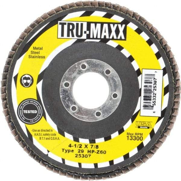 Tru-Maxx - 60 Grit, 4-1/2" Disc Diam, 7/8" Center Hole, Type 29 Zirconia Alumina Flap Disc - 13,300 Max RPM, Arbor Attaching System, Coated - Industrial Tool & Supply