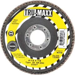 Tru-Maxx - 60 Grit, 4-1/2" Disc Diam, 7/8" Center Hole, Type 29 Zirconia Alumina Flap Disc - 13,300 Max RPM, Arbor Attaching System, Coated - Industrial Tool & Supply
