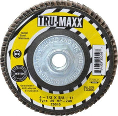 Tru-Maxx - 40 Grit, 4-1/2" Disc Diam, 5/8-11 Center Hole, Type 29 Zirconia Alumina Flap Disc - 13,300 Max RPM, Arbor Attaching System, Coated - Industrial Tool & Supply