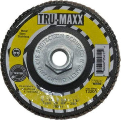 Tru-Maxx - 60 Grit, 4-1/2" Disc Diam, 5/8-11 Center Hole, Type 29 Zirconia Alumina Flap Disc - 13,300 Max RPM, Arbor Attaching System, Coated - Industrial Tool & Supply
