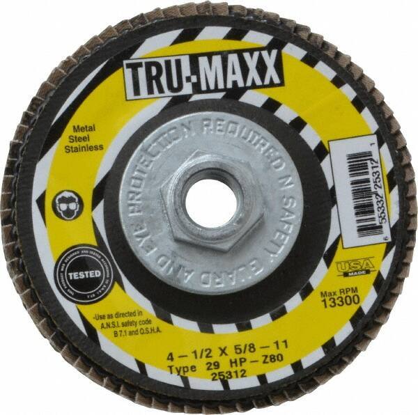 Tru-Maxx - 80 Grit, 4-1/2" Disc Diam, 5/8-11 Center Hole, Type 29 Zirconia Alumina Flap Disc - 13,300 Max RPM, Arbor Attaching System, Coated - Industrial Tool & Supply