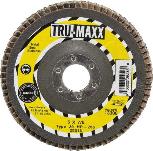 Tru-Maxx - 36 Grit, 5" Disc Diam, 7/8" Center Hole, Type 29 Zirconia Alumina Flap Disc - 12,200 Max RPM, Arbor Attaching System, Coated - Industrial Tool & Supply