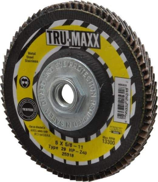 Tru-Maxx - 40 Grit, 5" Disc Diam, 5/8-11 Center Hole, Type 29 Zirconia Alumina Flap Disc - 12,200 Max RPM, Arbor Attaching System, Coated - Industrial Tool & Supply