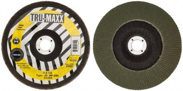 Tru-Maxx - 80 Grit, 7" Disc Diam, 7/8" Center Hole, Type 29 Zirconia Alumina Flap Disc - 8,600 Max RPM, Arbor Attaching System, Coated - Industrial Tool & Supply