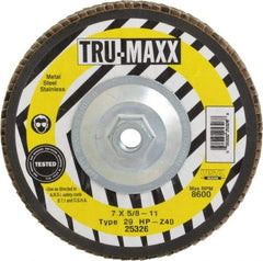 Tru-Maxx - 40 Grit, 7" Disc Diam, 5/8-11 Center Hole, Type 29 Zirconia Alumina Flap Disc - 8,600 Max RPM, Arbor Attaching System, Coated - Industrial Tool & Supply