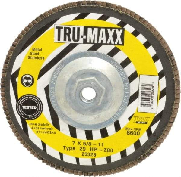 Tru-Maxx - 80 Grit, 7" Disc Diam, 5/8-11 Center Hole, Type 29 Zirconia Alumina Flap Disc - 8,600 Max RPM, Arbor Attaching System, Coated - Industrial Tool & Supply