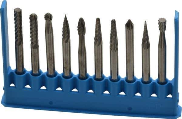 Made in USA - 10 Piece, 1/8" Shank Burr Set - Tungsten Carbide - Industrial Tool & Supply